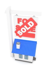 Isolated model of house with sign for sale sold. Concept of real estate, new apartment and moving to a new house. 3D rendering.