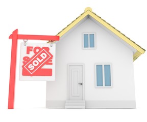 Isolated model of house with sign for sale sold. Concept of real estate, new apartment and moving to a new house. Golden roof. 3D rendering.