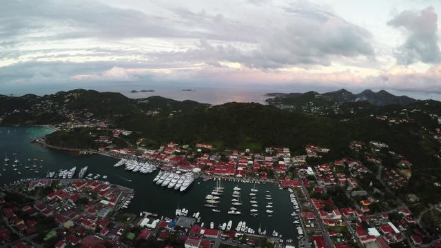 Wide scenic establishing aerial of St. Barts in the Caribbean, beauty shot,