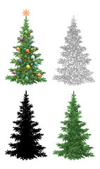 Set Christmas Trees, with Holiday Decorations, Star, Snowflakes, Balls and Garland, Green Naturalistic and Black Contours and Silhouettes Isolated On White. Eps10, Contains Transparencies. Vector