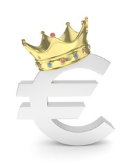 Isolated euro sign with golden crown and gems on white background. Concept of making profit, income. Currency sign. European money. 3D rendering.