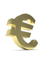 Isolated golden euro sign on white background. European currency. Concept of investment, european market, savings. Power, luxury and wealth. 3D rendering.