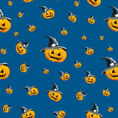 Seamless background for the holiday Halloween pumpkin with hat, blue.