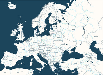 Naklejka premium Europe high detailed vector political map with rivers. All elements separated in detachable and labeled layers