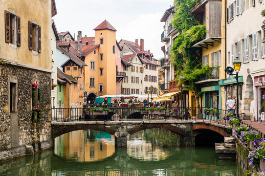 Streets, canal and Thiou river in Annecy, France