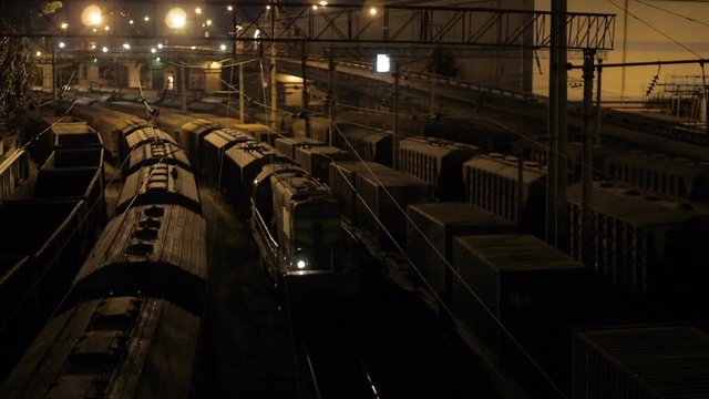 Freight Train at Sea Port in Odessa at Night
