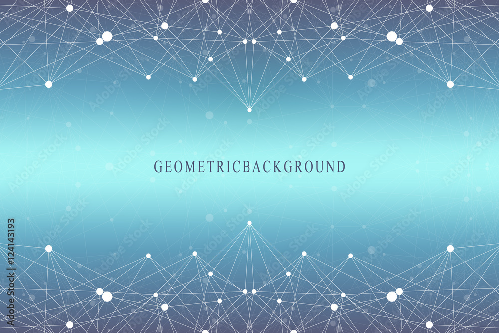 Poster Graphic abstract background communication. Big data visualization. Perspective backdrop with connected lines and dots. Social networking. Illusion of depth. Vector illustration.