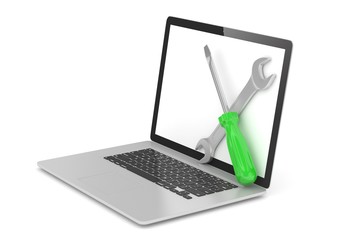 3D Illustration Wrench and screwdriver on laptop, service concept