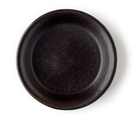 Black empty bowl isolated on white, from above