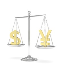 Isolated old fashioned pan scale with dollar and yuan,yen on white background. American and chinese and japanese currency. Currency equality. 3D rendering.