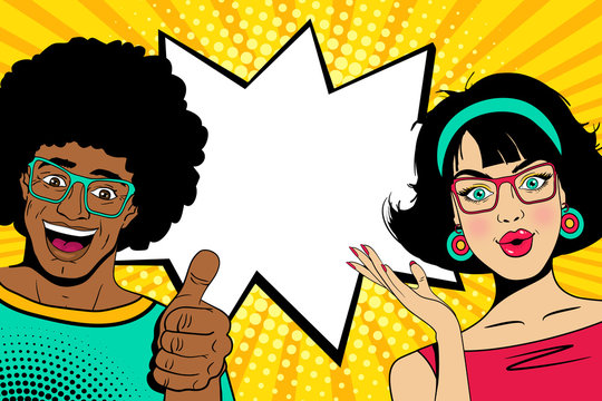 Wow couple faces. Sexy happy young surprised african man and european woman with open mouths and empty speech bubble. Vector colorful cartoon background in pop art comic retro style.