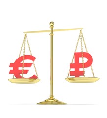 Isolated golden scales with red euro and ruble currency. Russian and european finance. Measuring of market stability. 3D rendering.
