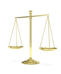 Isolated golden scales on white background. Symbol of judgement. Law, measurement, liberty in one concept. 3D rendering.