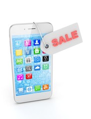 White smart phone with red sale label on white background. Best offer. Leader of sales. 3D rendering.