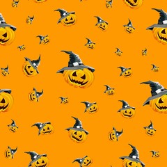 Seamless background for the holiday Halloween pumpkin with hat, bright orange color.