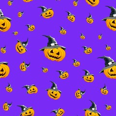 Seamless background for the holiday Halloween pumpkin in the hat, the color purple.