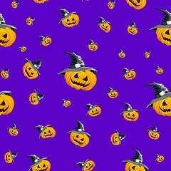 Naklejka na ściany i meble Seamless background for the holiday Halloween pumpkin with hat, color saturation, purple.