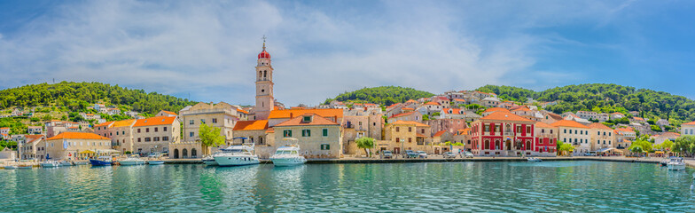 Pucisca Brac mediterranean landscape. / Panorama of town Pucisca, Island Brac, Croatia landscape.