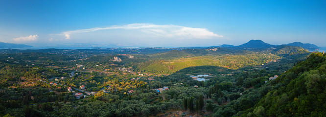 Panorama of valley with villages on Corfu island, Greece