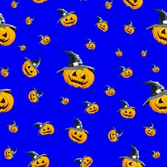 Seamless background for the holiday Halloween pumpkin with hat, color ultramarine.