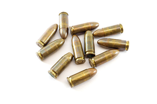 11mm bullets for a short gun. bullets isolated on white background.