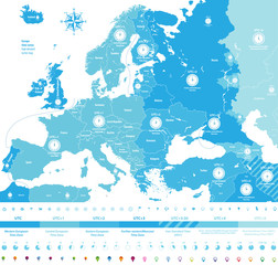 Europe vector  time zones high detailed map with location and clock icons. All layers detachable and labeled