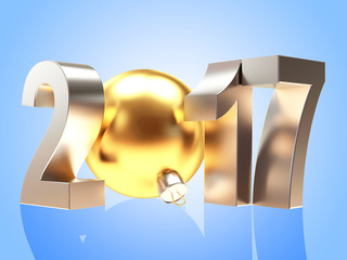 Silver 2017 New Year and golden Christmas ball on blue background. 3D illustration