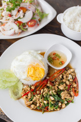 Close up Rice topped with stir fried minced pork and basil.