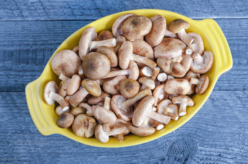 Uncooked fresh mushrooms in roasting pan