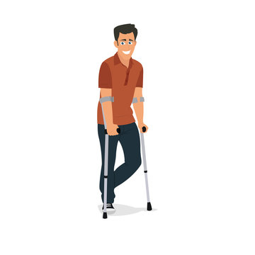 Man On Crutches Isolated On White Background.