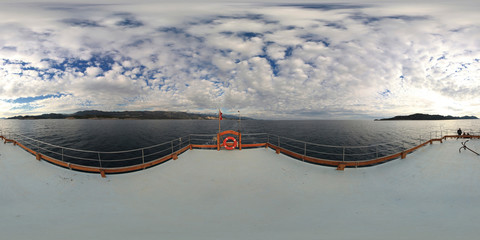 360 degree spherical panorama from Turkey, near Demre, Kekova island (Antalya, Kemer region) Beautiful view from a yacht or boat at seaward. The sea, mountains and beautiful sky.