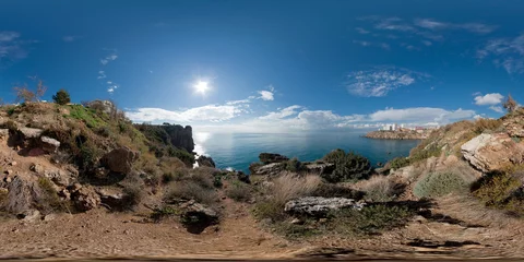 Foto op Plexiglas 360 degree spherical panorama from Turkey, Antalya (Lara region). Park Falez. Landscape with sea, mountains, trees, rocks and the city in the background. © apeskoff