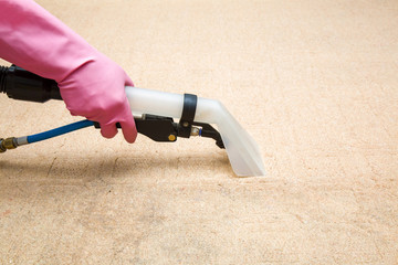 Carpets chemical cleaning with professionally extraction method. Early spring cleaning or regular clean up.