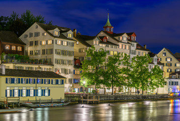 Night view of historic Zurich city center on summer, Canton of Zurich, Switzerland.
