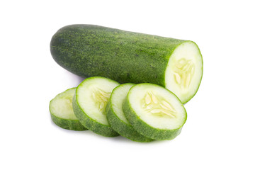 Cucumber and slices isolated on white background.