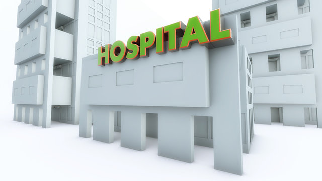 Hospital 3d text and building