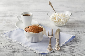 The Coffee and the Cake on the Old Wooden Table. Summertime Outd