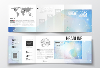 Set of tri-fold brochures, square design templates. Abstract colorful polygonal background, modern stylish triangle vector texture