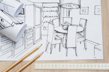 Architecture rolls of architectural plans for the project of architect blueprints.
