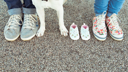 Legs, paws and booties on the pavement. Waiting for a baby.