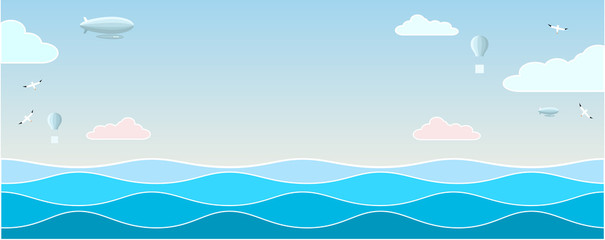 Fototapeta na wymiar Landscape with the waves of the sea, sky and clouds. Vector graphics.