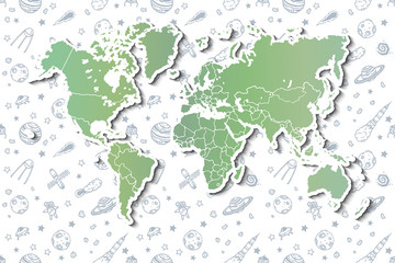 World map with different space doodles.