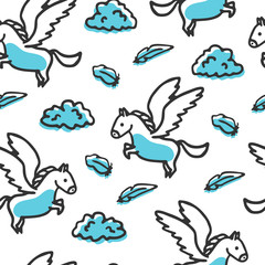 Seamless pattern with pegasus and clouds. Cute little cartoon mythical beast. Yellow griffin with clouds and feathers