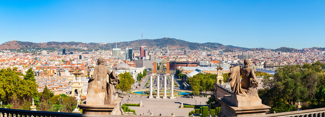 Panorama of Barcelona from the mountain Montjuic. View of the square of Spain, Plaza de Espana....