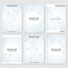 Science vector background. Modern vector templates for brochure, flyer, cover magazine or report in A4 size. Molecule structure and communication on the blue background.