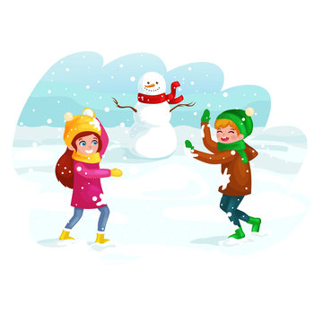 Winter kids Vector illustration. Boy and girl playing in snowballs. Funny cartoon character. 