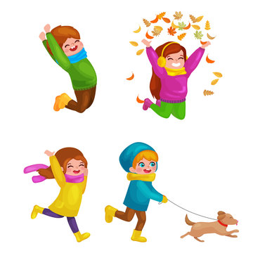 Illustration of kids playing with autumn leaves. Girl  throws up autumn leaves