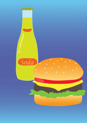Simple illustration of burger and soda. Flat design. Vector poster of fast food