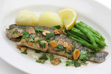 trout meuniere amandine, rainbow trout with brown butter and almonds