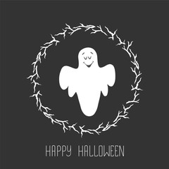 Funny ghost flying in the night sky. Halloween card template